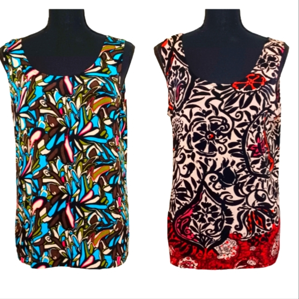 Chico's Set of Two Printed Tank Tops in Black, Turquoise, Red, Pink, White